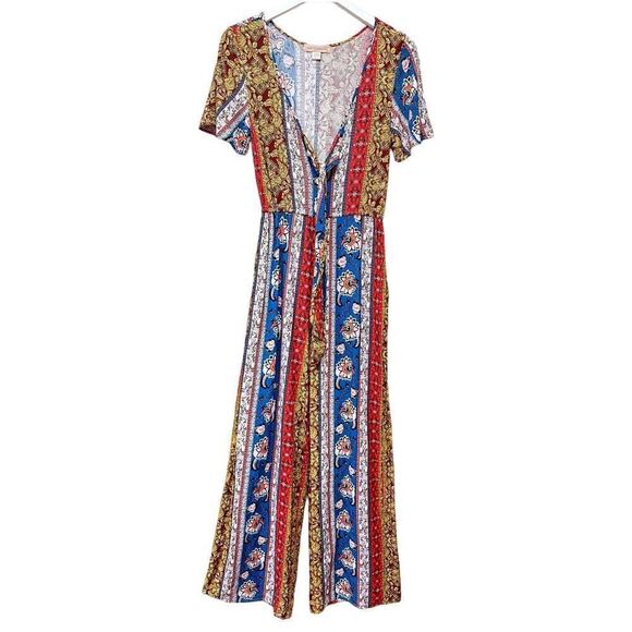 Band of Gypsies Orange Multicolor Floral Paisley Wide Leg Jumpsuit Size S - Picture 1 of 12